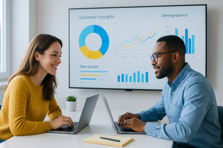 intelligence artificielle et marketing : deux professionnels analysant des données numériques sur des écrans, symbolisant une stratégie marketing optimisée grâce à l’IA