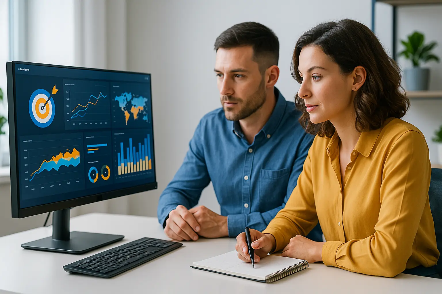 intelligence artificielle marketing digital montrant deux professionnels en pleine discussion devant un écran affichant des données marketing, dans un bureau moderne et lumineux