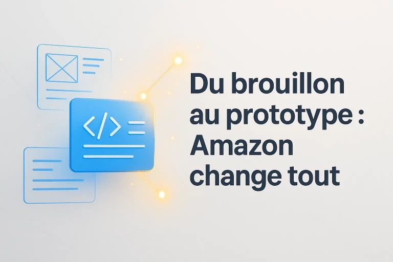 Kiro IDE transformant un prompt en prototype déployé, avec un visuel moderne illustrant le processus de développement automatisé par Amazon.
