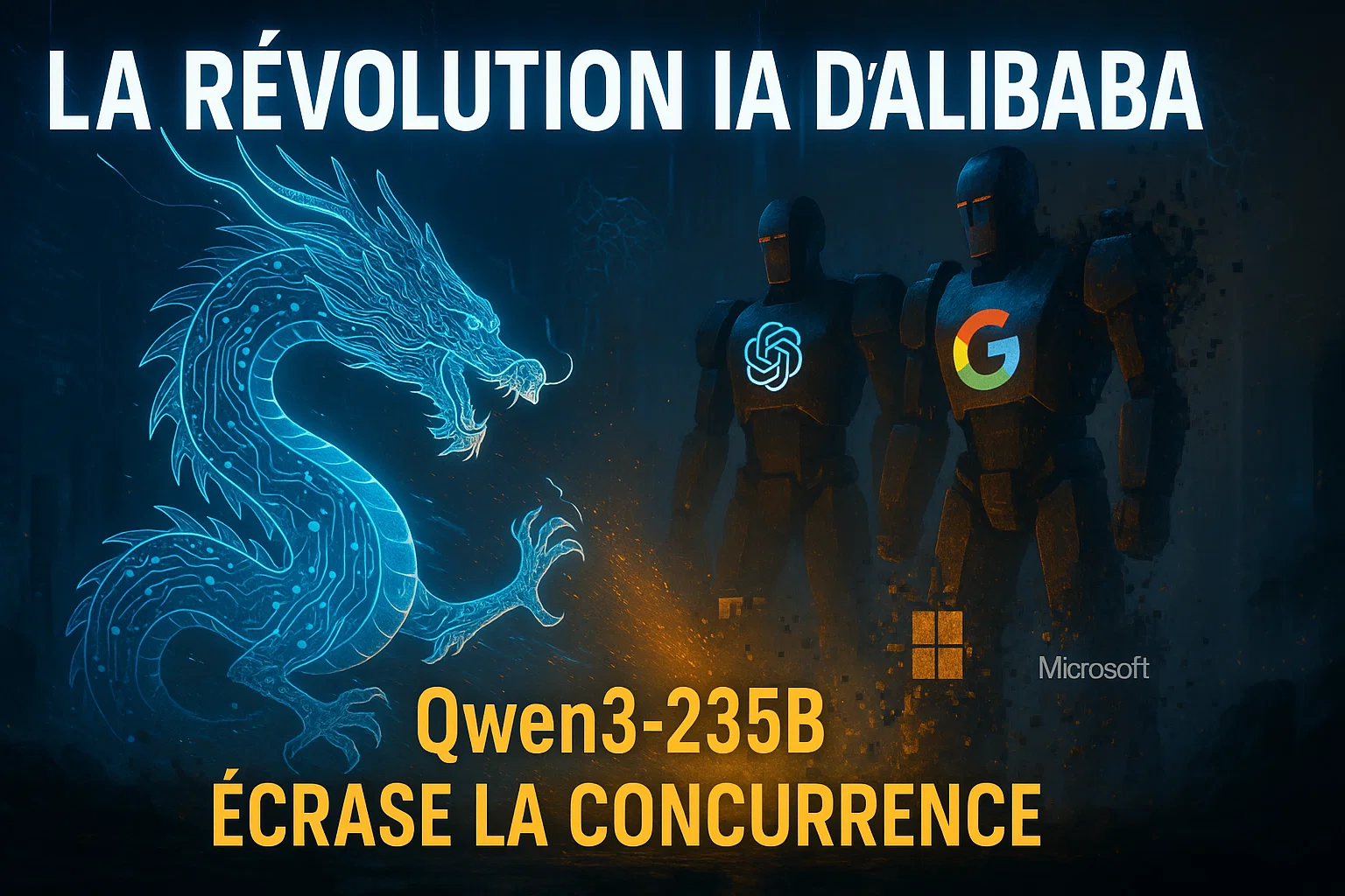 Qwen3-235b-a22b Alibaba dragon numérique bleu vs géants tech américains bataille IA futuriste