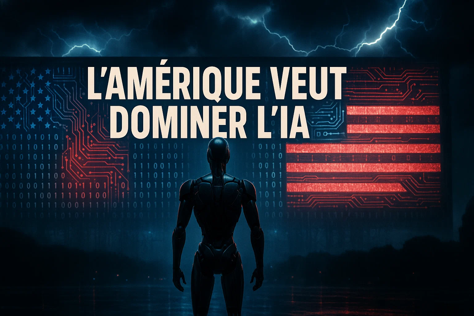 America's AI Action Plan - Robot humanoïde face à un drapeau américain numérique avec éclairs