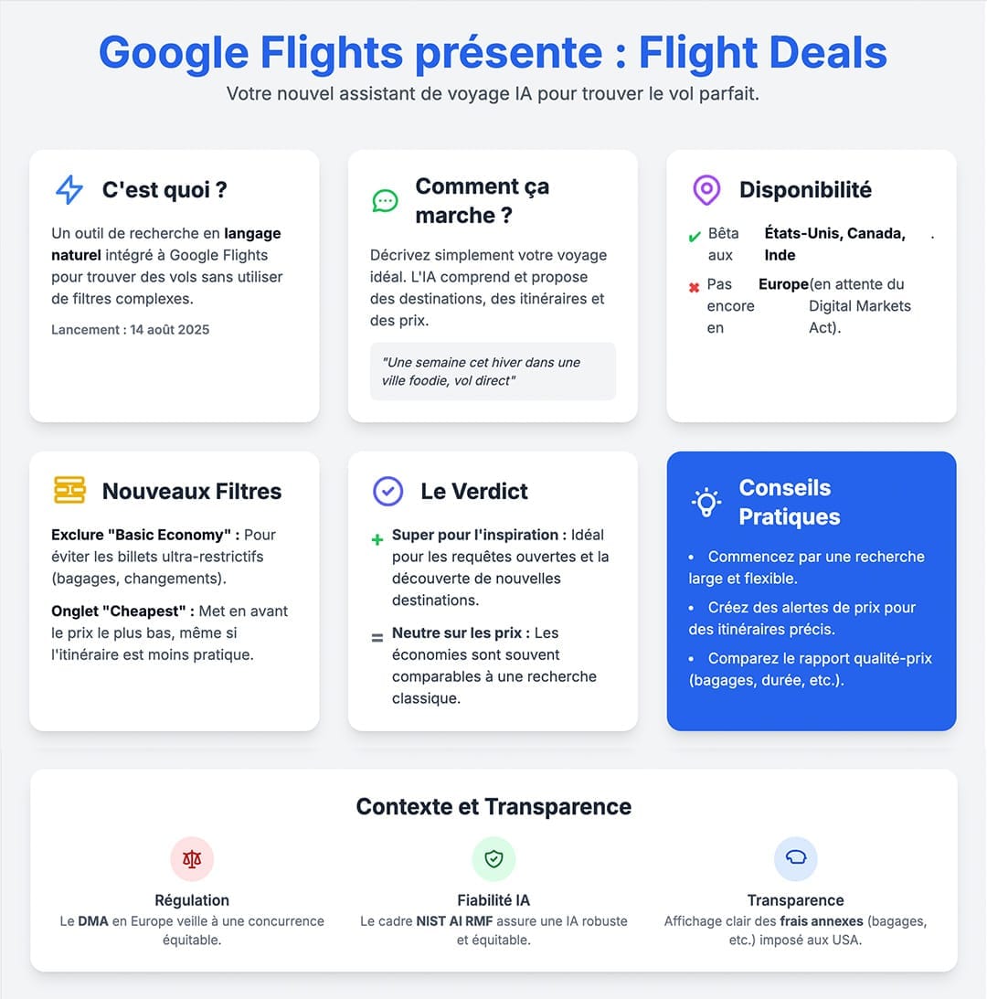 Infographie Google Flights Flight Deals expliquant fonctionnement, filtres, disponibilité et conseils pratiques pour trouver des vols pas chers