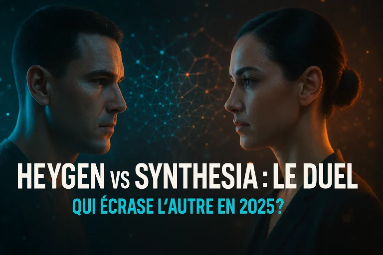 Comparaison HeyGen vs Synthesia : deux avatars IA face à face avec effets lumineux bleu et orange, texte Le Duel au centre