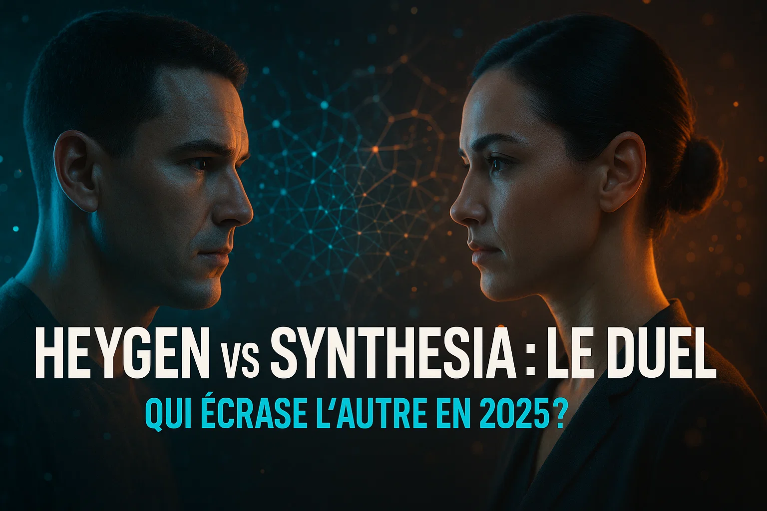 Comparaison HeyGen vs Synthesia : deux avatars IA face à face avec effets lumineux bleu et orange, texte Le Duel au centre