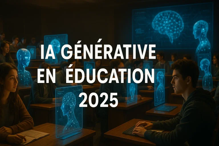 Scène immersive illustrant l’IA générative en éducation 2025 déployée par IGENSIA dans un campus futuriste