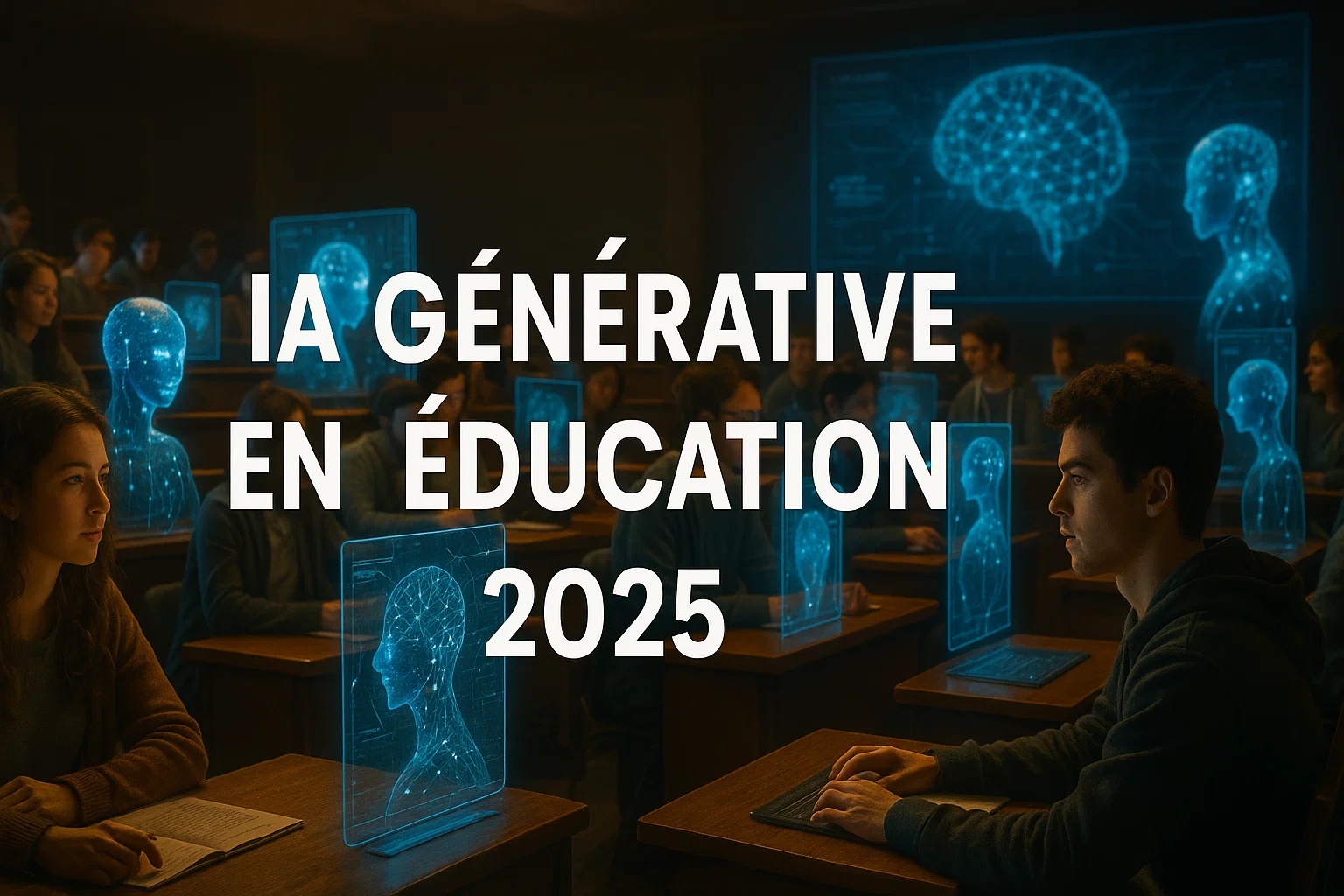 Scène immersive illustrant l’IA générative en éducation 2025 déployée par IGENSIA dans un campus futuriste