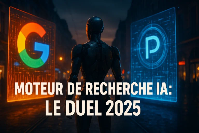 Illustration d’un duel moteur de recherche IA entre Google et Perplexity, robot futuriste au centre, ambiance urbaine nocturne