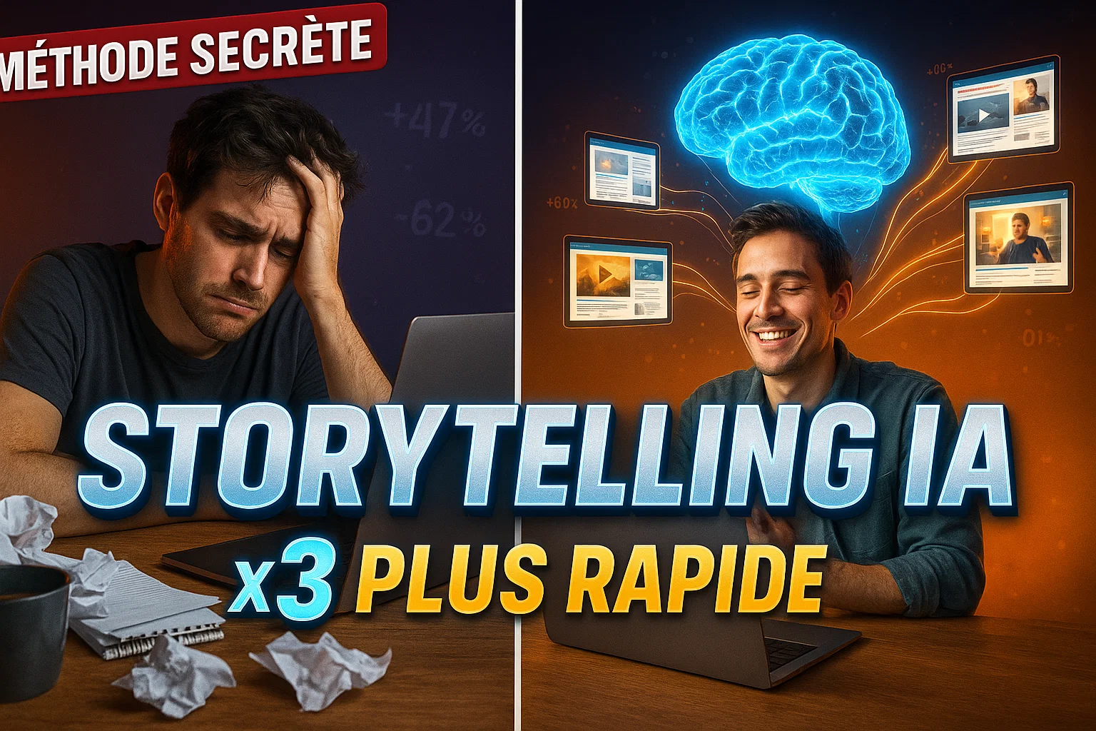 Comparaison avant après storytelling IA montrant freelance stressé puis détendu avec interface IA holographique