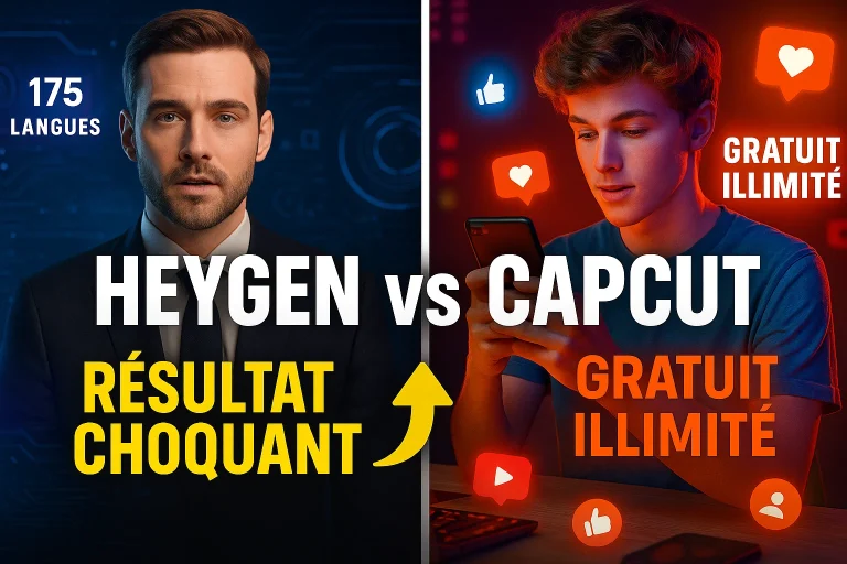 Comparaison HeyGen vs CapCut : split-screen montrant avatar IA réaliste contre interface mobile création vidéo TikTok
