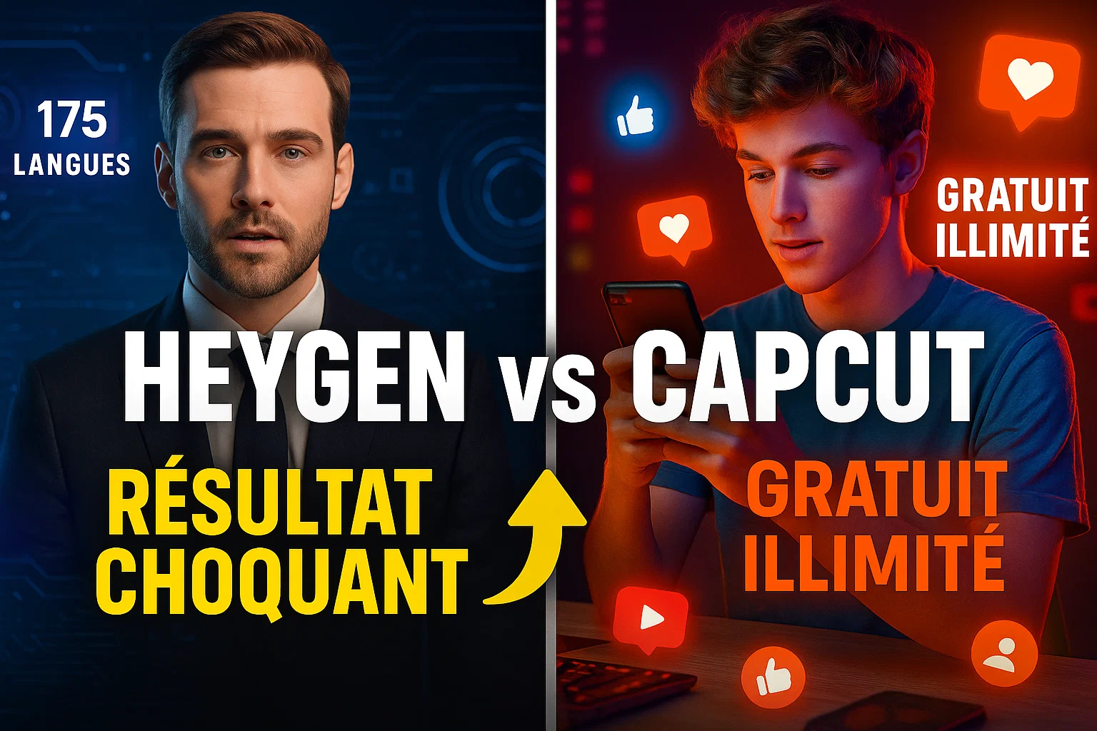 Comparaison HeyGen vs CapCut : split-screen montrant avatar IA réaliste contre interface mobile création vidéo TikTok