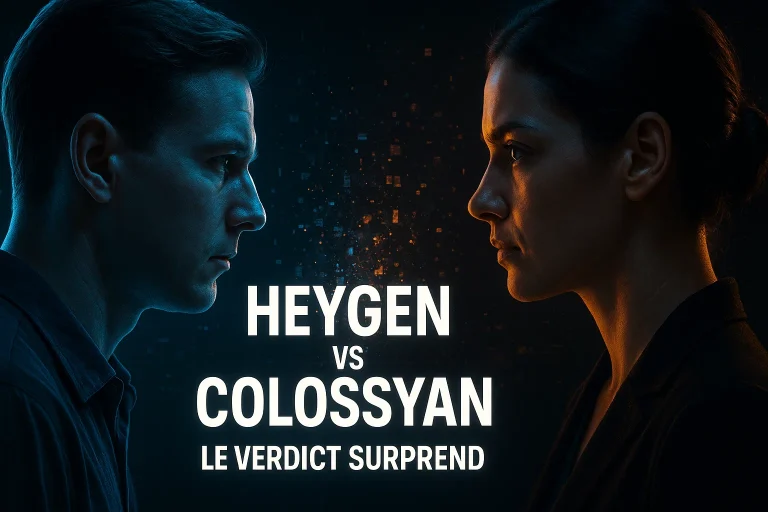 Comparaison visuelle HeyGen vs Colossyan : deux avatars IA face à face avec verdict surprenant au centre sur fond high-tech