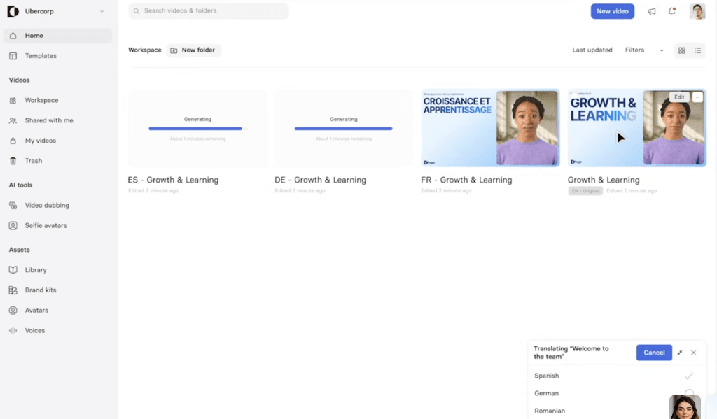 Dashboard Synthesia montrant création vidéos Growth & Learning, traduction multilingue espagnol/allemand/roumain, avatars IA