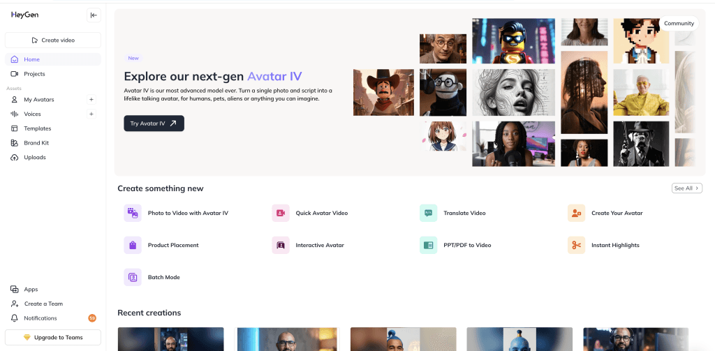 Interface HeyGen 2025 : dashboard Avatar IV et créations IA
