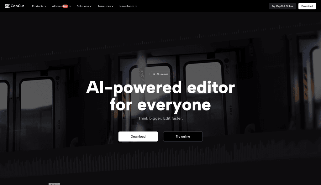 Interface CapCut homepage montrant éditeur vidéo IA avec slogan "Think bigger Edit faster" et boutons download try online