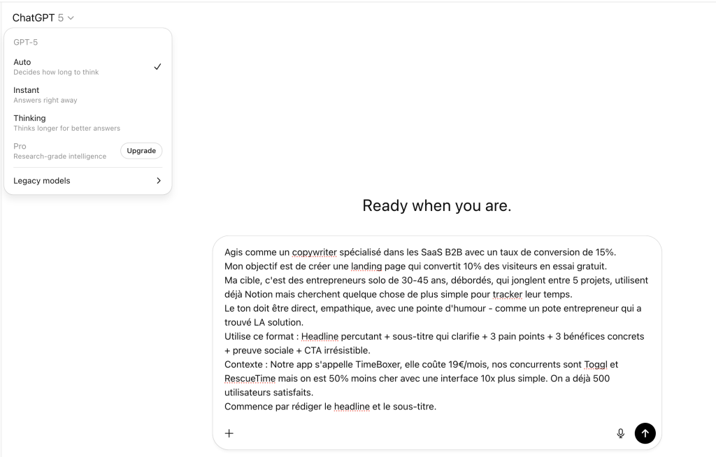 Capture écran montrant exemple complet du framework ChatGPT pour landing page SaaS TimeBoxer avec 7 étapes détaillées