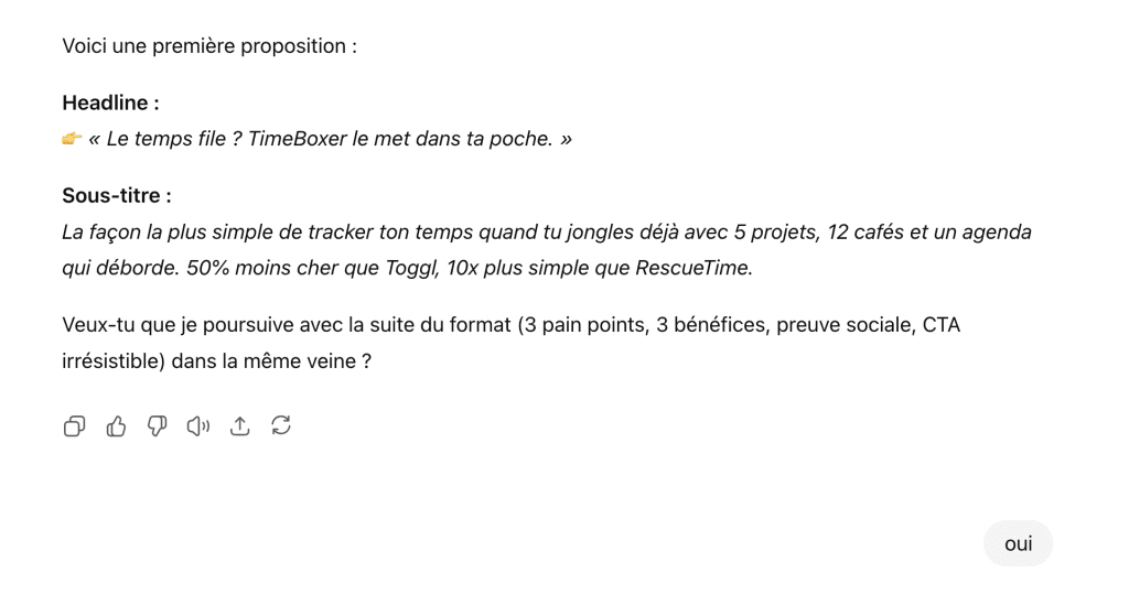 Réponse ChatGPT générée avec framework 7 étapes - Headline et sous-titre TimeBoxer avec 15% taux conversion promis