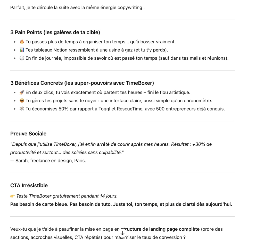 Landing page complète TimeBoxer générée par framework ChatGPT - Pain points, bénéfices, preuve sociale et CTA conversion