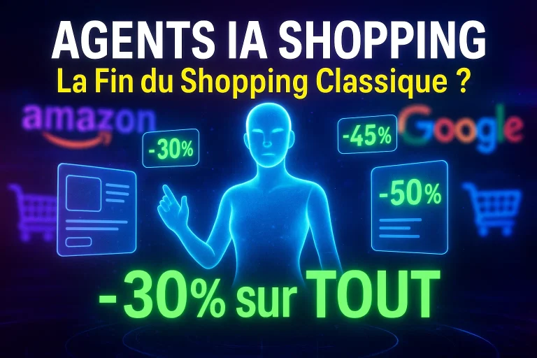 Agents IA shopping affichant réductions -30% avec logos Amazon Google Perplexity sur interface holographique futuriste