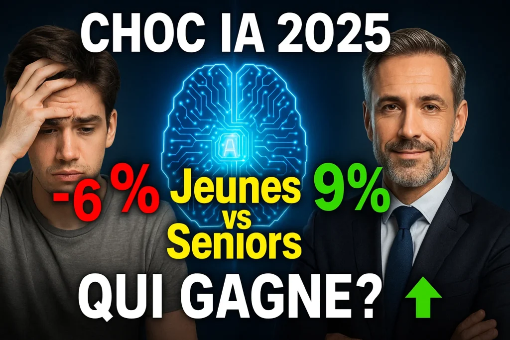 Miniature IA et emploi en France montrant jeune homme frustré -6% vs senior souriant +9% avec cerveau IA au centre