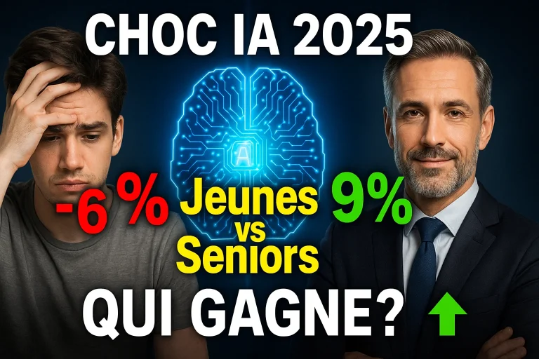 Miniature IA et emploi en France montrant jeune homme frustré -6% vs senior souriant +9% avec cerveau IA au centre