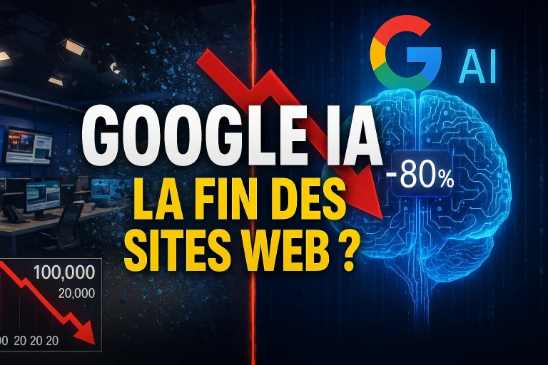 Infographie montrant l'impact des résumés IA Google sur les éditeurs avec une chute de 80% du trafic