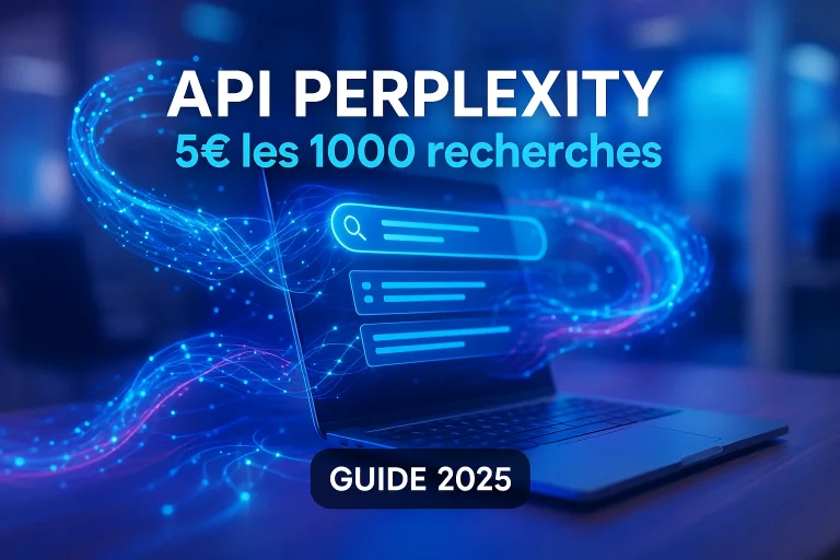 Interface API Perplexity Search avec tarification à 5 euros pour 1000 requêtes sur écran holographique moderne