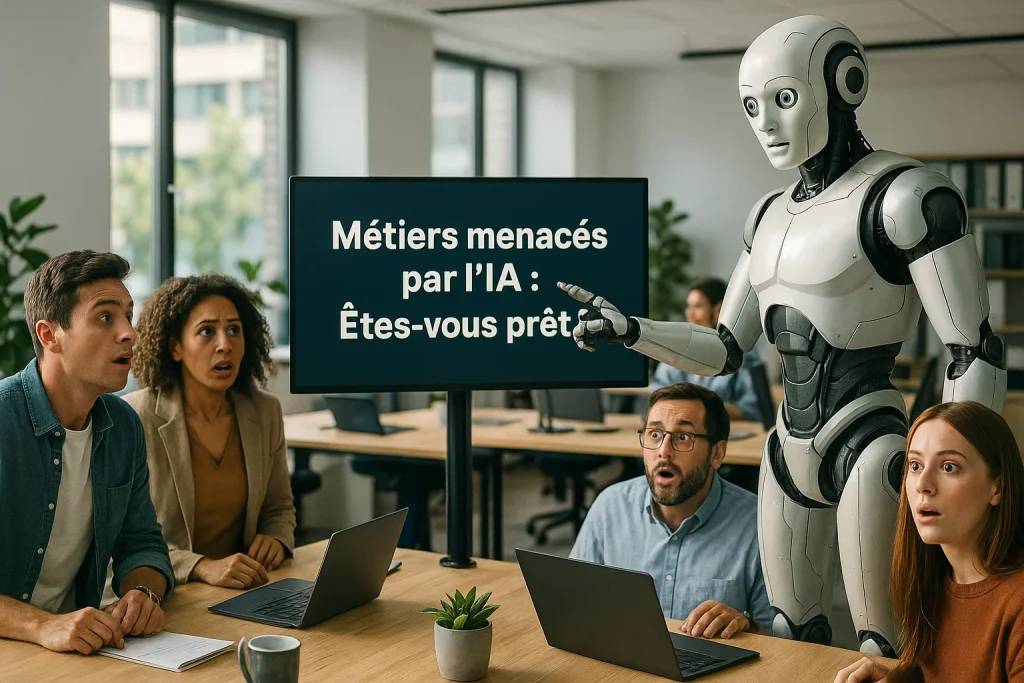 miniature alarmante montrant travailleurs de bureau inquiets face à un robot, texte « Métiers menacés par l’IA »