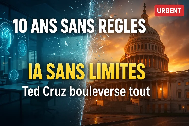 Illustration réglementation IA États-Unis montrant la rupture entre Silicon Valley et le Capitole avec texte 10 ans sans règles