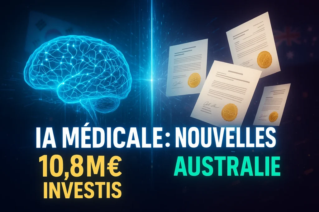Infographie réglementation IA médicale montrant investissements Corée du Sud 10,8M€ et nouvelles règles TGA Australie 2025
