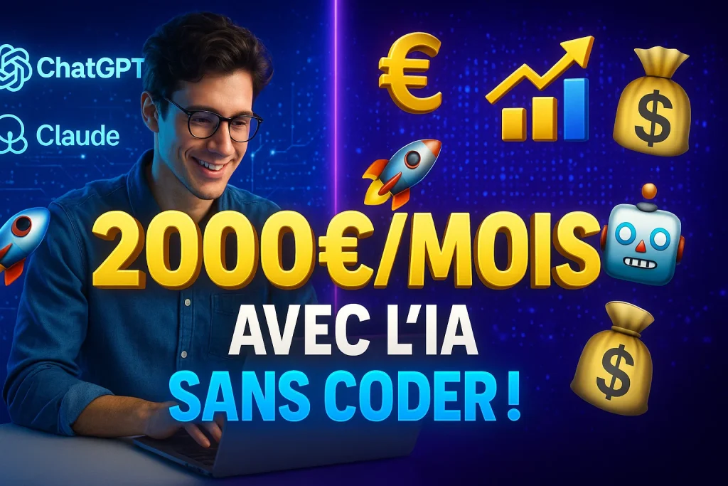 Infographie montrant comment lancer des services freelance par l'IA et atteindre 2000€/mois sans compétences techniques