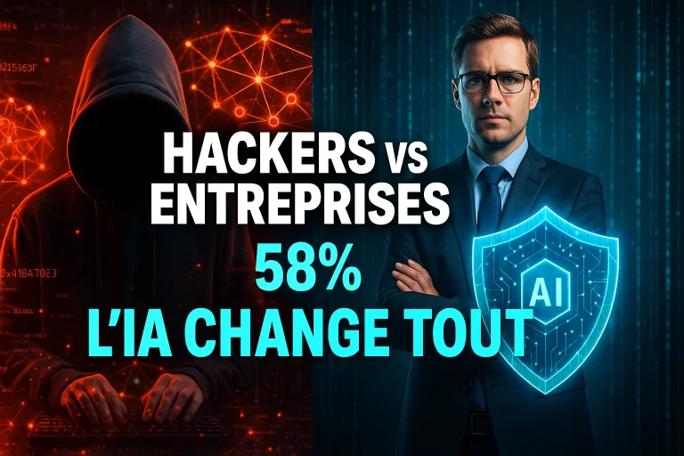 Cybersécurité IA en France : illustration d'un hacker et d'un professionnel protégé par un bouclier numérique IA