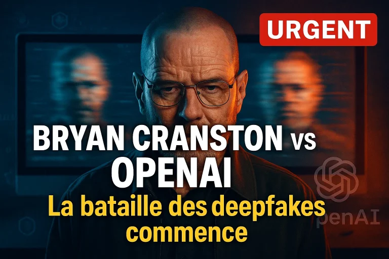 Bryan Cranston devant écran montrant deepfakes Sora OpenAI, ambiance dramatique, titre urgent bataille Hollywood