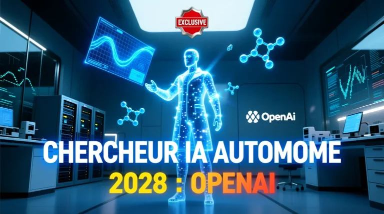 Hologramme chercheur IA autonome dans laboratoire high-tech avec logo OpenAI et texte 2028 en français