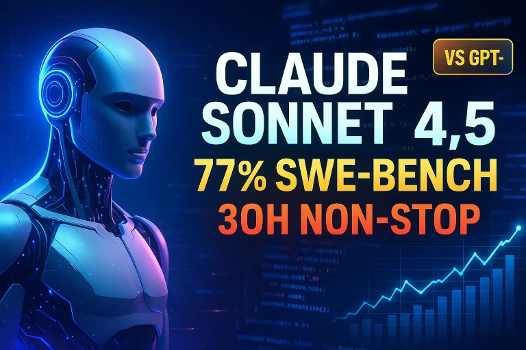 Interface IA Claude Sonnet 4.5 d'Anthropic avec graphiques de performance montrant 77% de réussite SWE-bench et session 30h