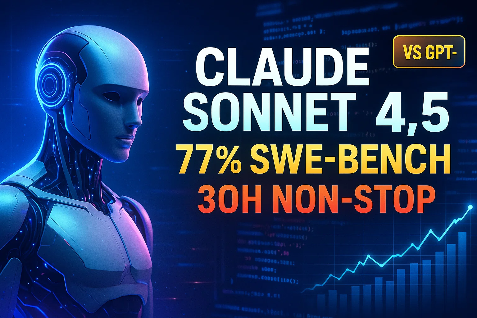 Interface IA Claude Sonnet 4.5 d'Anthropic avec graphiques de performance montrant 77% de réussite SWE-bench et session 30h