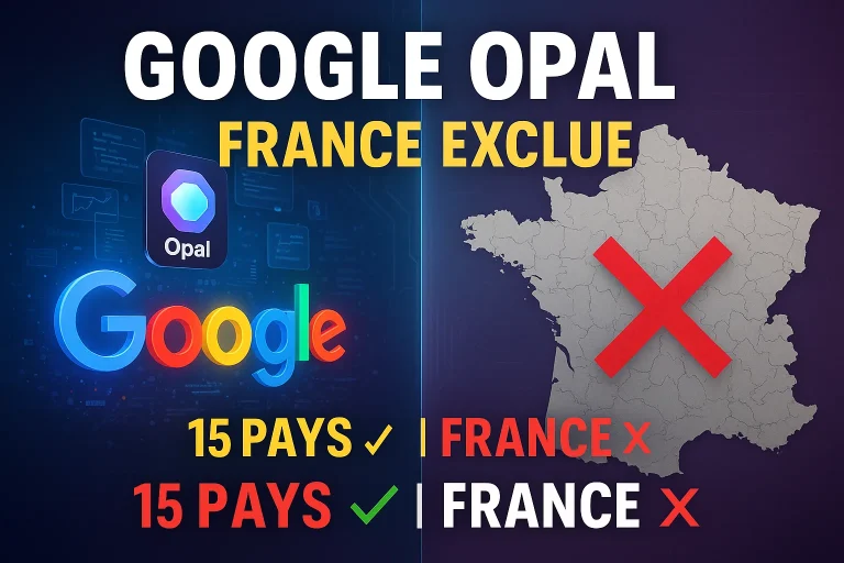 Miniature montrant Google Opal IA no-code avec logo Google et carte de France barrée illustrant l'exclusion française