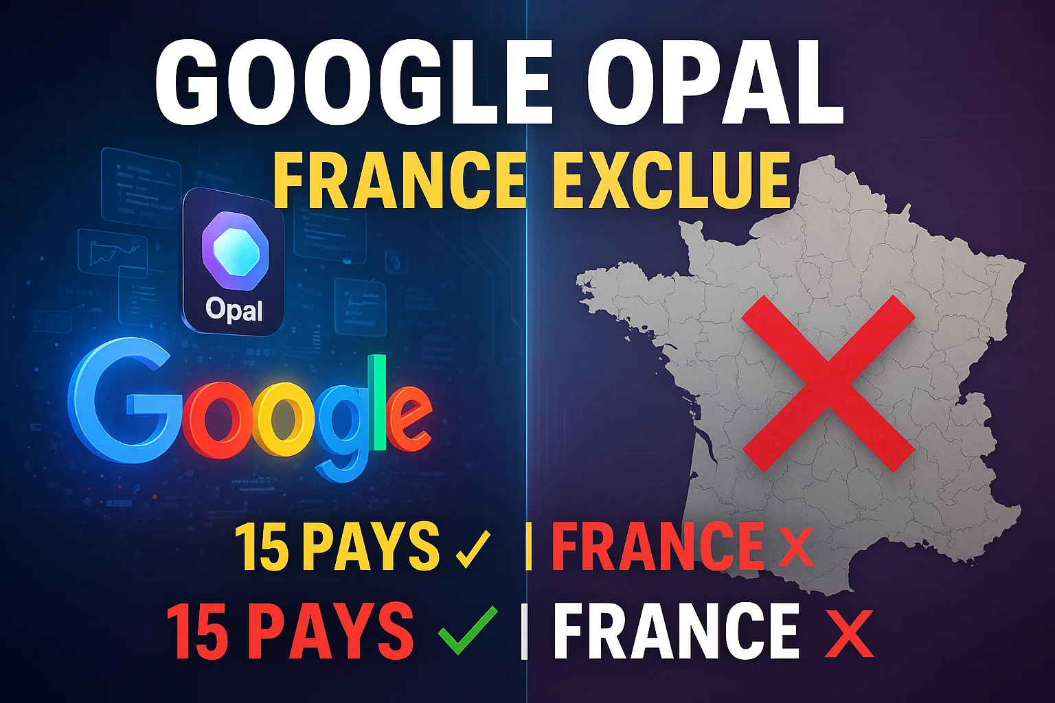 Miniature montrant Google Opal IA no-code avec logo Google et carte de France barrée illustrant l'exclusion française