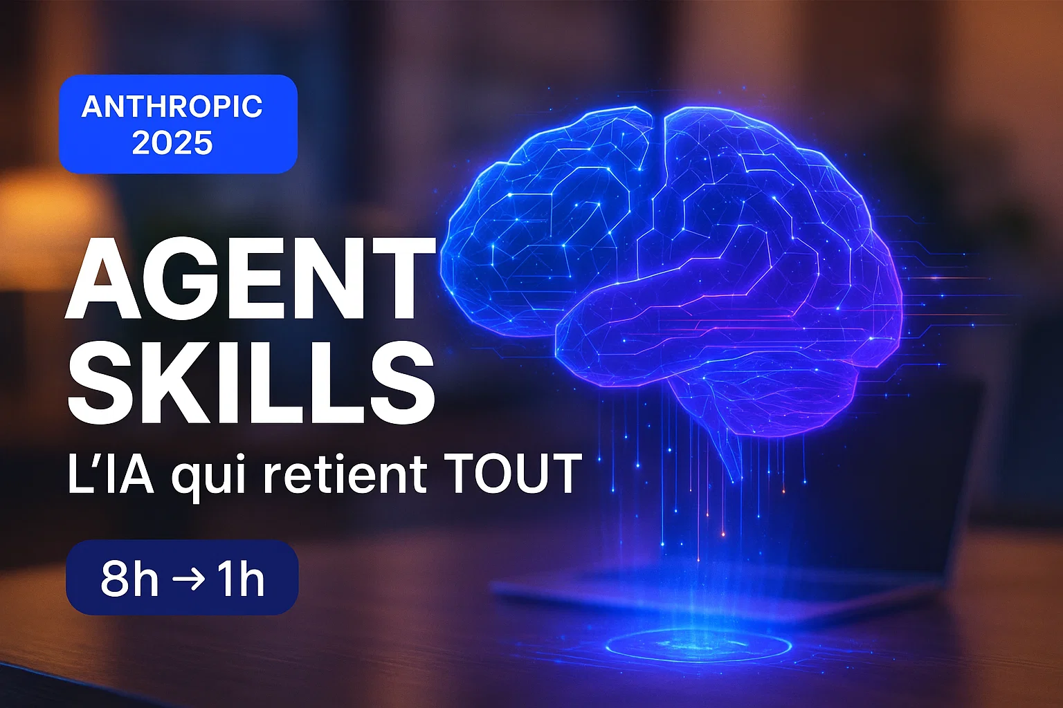 Interface Anthropic Agent Skills montrant un assistant IA personnalisable avec hologramme bleu représentant l'intelligence artificielle