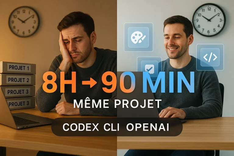Développeur au bureau, horloge montrant passage de 8 heures à 90 minutes pour même projet avec agents SDK Codex CLI