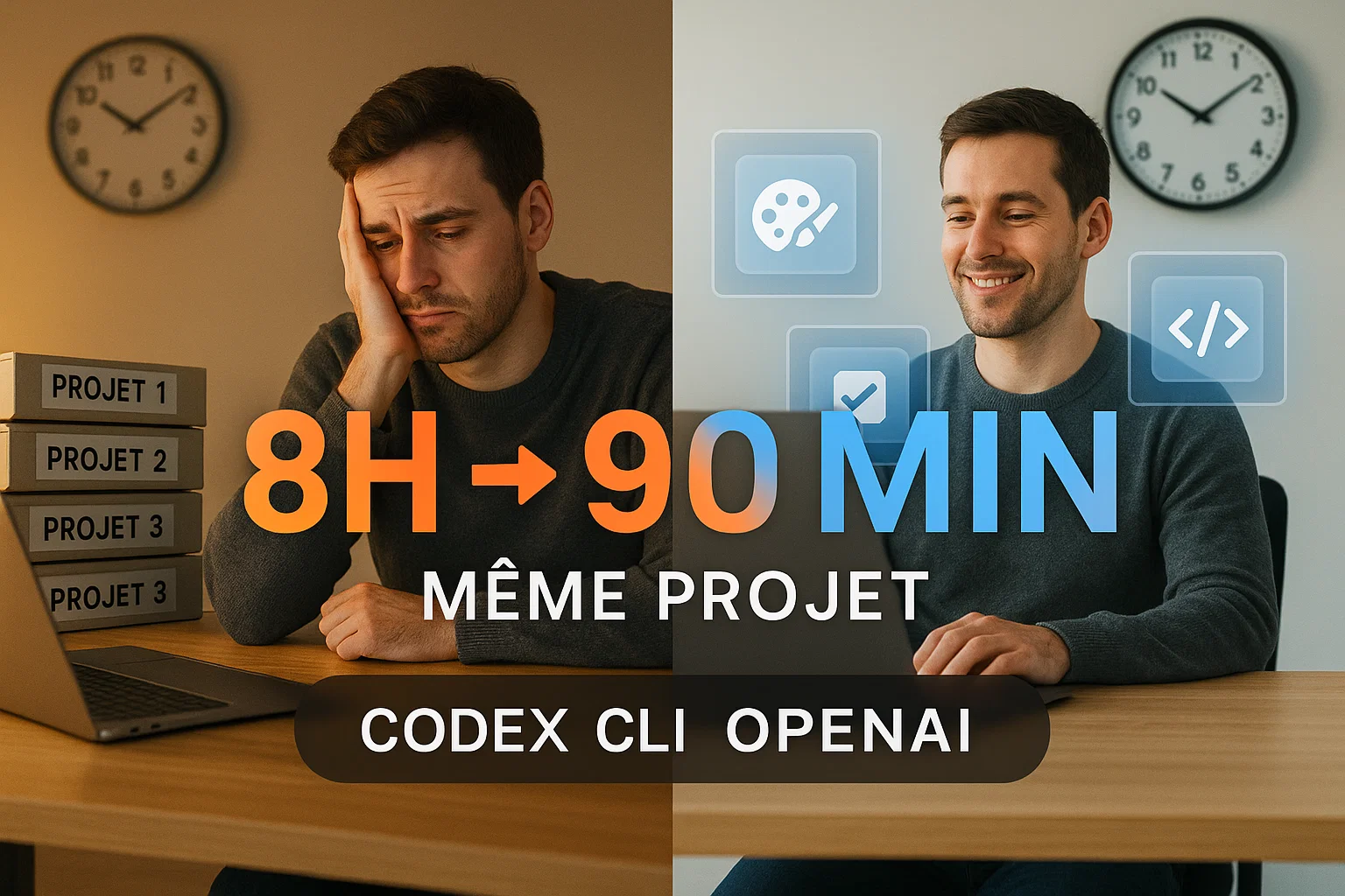 Développeur au bureau, horloge montrant passage de 8 heures à 90 minutes pour même projet avec agents SDK Codex CLI