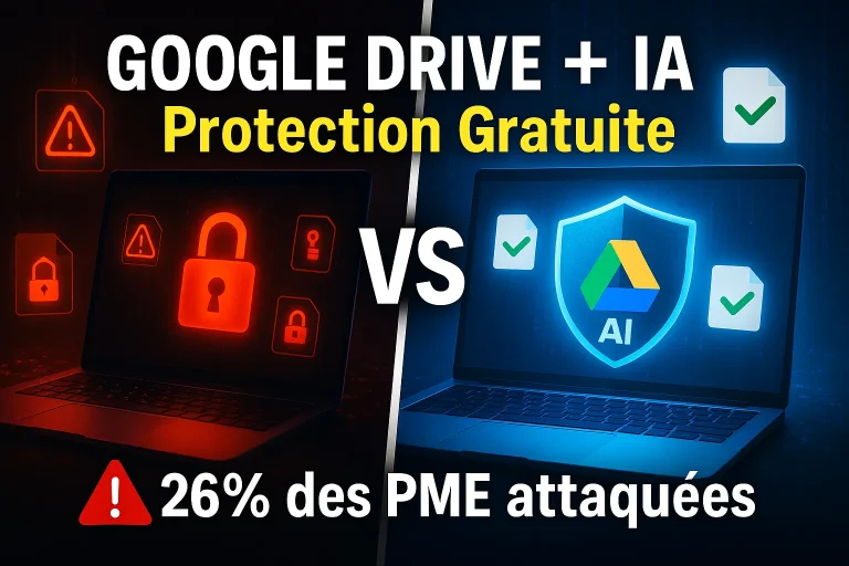 Illustration montrant la protection ransomware IA de Google Drive avec bouclier bleu contre attaque cybernétique rouge