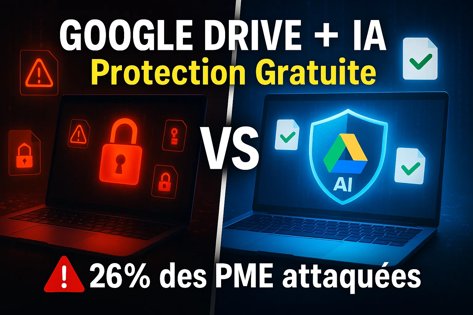 Illustration montrant la protection ransomware IA de Google Drive avec bouclier bleu contre attaque cybernétique rouge