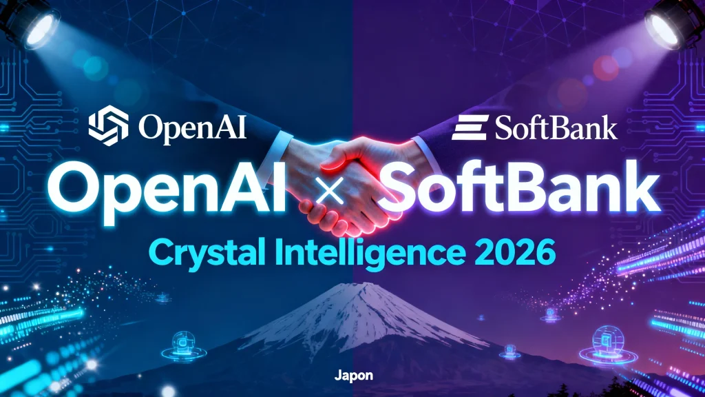 Visuel de l'alliance OpenAI et SoftBank au Japon pour le lancement de Crystal Intelligence en 2026 avec logos des deux entreprises