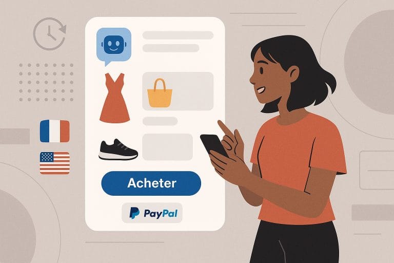 Perplexity Shopping - Interface d'une IA assistant au shopping avec suggestions produits, bouton 'Acheter' et logo PayPal, design moderne.