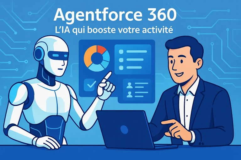 Illustration d'une IA professionnelle en action avec une interface Salesforce et des éléments futuristes.