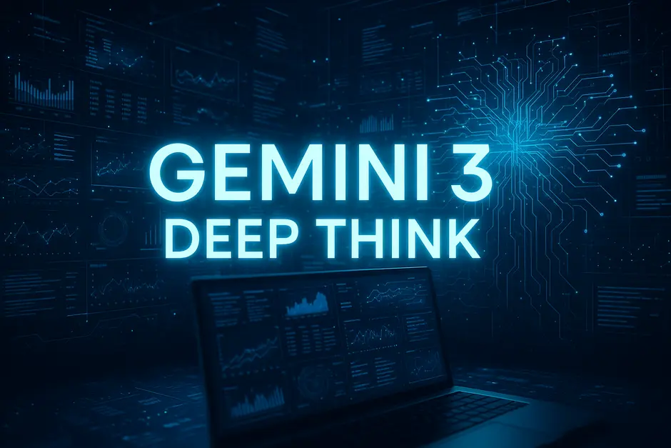 Illustration futuriste d'un ordinateur affichant une interface d'intelligence artificielle nommée Gemini 3 Deep Think, symbolisant la productivité.