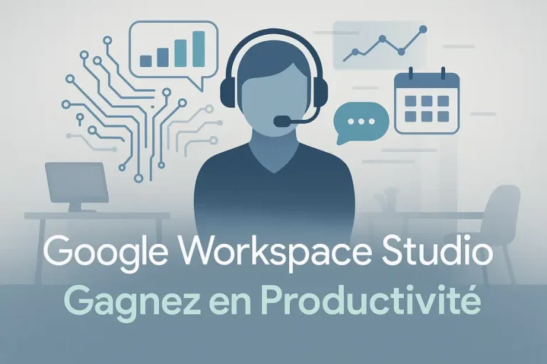Assistant intelligent sur un bureau avec un calendrier et des graphiques, représentant Google Workspace Studio et l'automatisation des tâches.