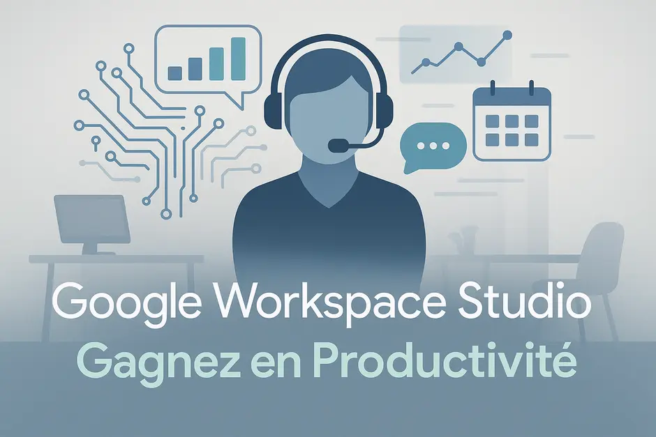 Assistant intelligent sur un bureau avec un calendrier et des graphiques, représentant Google Workspace Studio et l'automatisation des tâches.