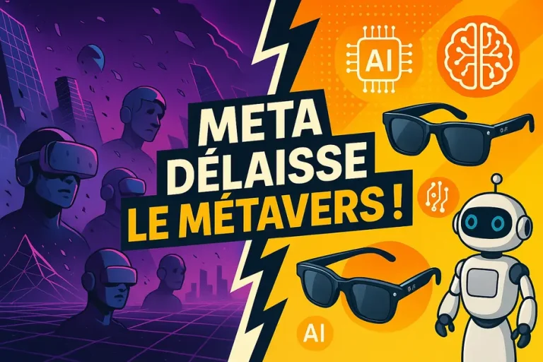 Illustration montrant deux mondes opposés : un métavers en déclin et l'essor de l'intelligence artificielle avec lunettes connectées.