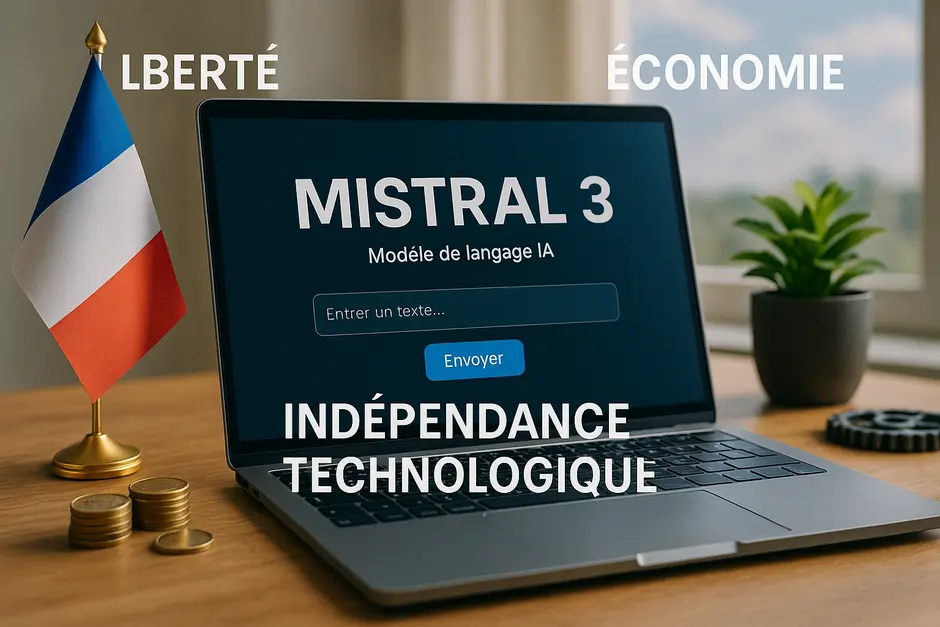 Ordinateur portable affichant une interface IA, symbolisant Mistral 3 et l'indépendance technologique.